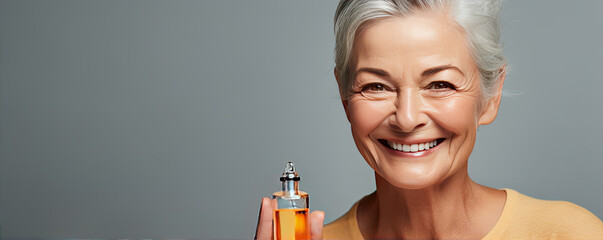 Portrait of smile senior woman with parfum in hand. - obrazy, fototapety, plakaty