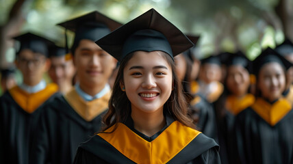 Group of happy smiling face asian man and woman a graduation cap on graduation day, happy diverse satisfied university.