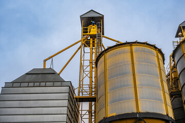 silos on agro-industrial complex with seed cleaning and drying line for grain storage