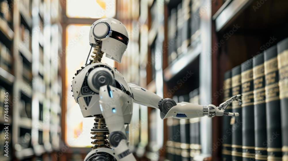 Aufkleber Robot Standing in Front of Bookshelf