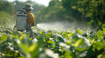 Farmers use a spraying engine on their back to apply a mixture of insecticide and water to tobacco trees. - Powered by Adobe