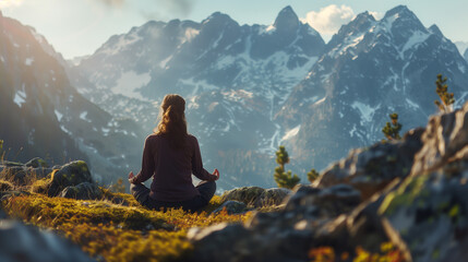 Naklejka premium A woman meditates surrounded by a beautiful mountain landscape. Healthy lifestyle. Mental health support. Slow life style