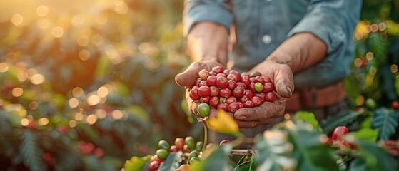 Growers on plantations gather coffee berries on their land.gathering coffee berries (Robusta and arabica) - obrazy, fototapety, plakaty