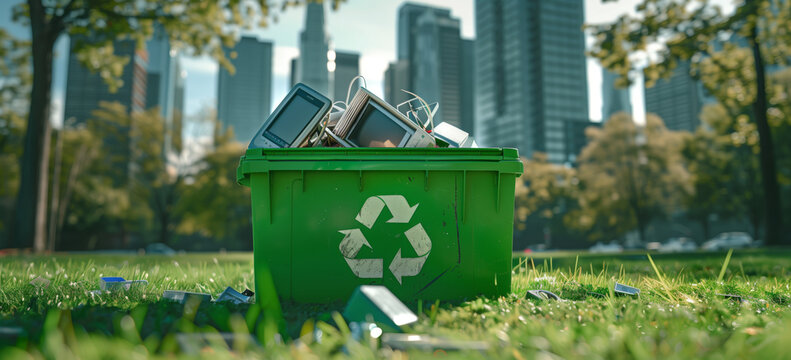 Ecofriendly recycling concept with a green bin full of old electronic devices and telephones against a blurred city background