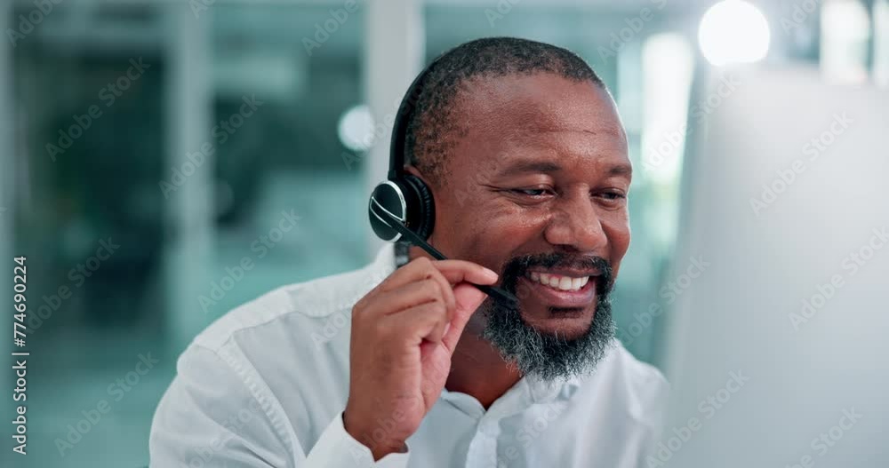 Poster man, headset and call centre support by computer for consulting, telemarketer and insurance hotline.
