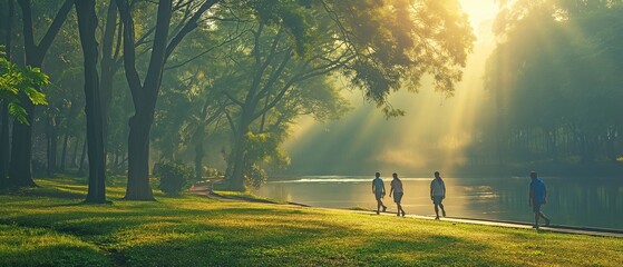 A group of individuals strolling in the park in the morning for exercise - obrazy, fototapety, plakaty