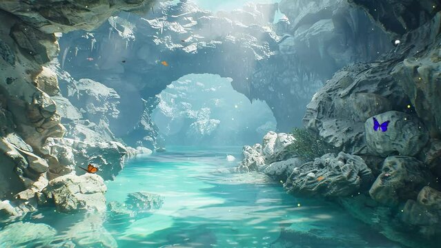 fantasy background with detailed render of an underwater cave. seamless looping overlay 4k virtual video animation background