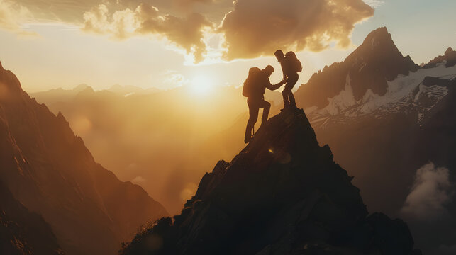 A man helping another person reach the top of mountain