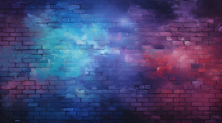 Red, purple and blue neon brick wall background design mockup with lighting effect. For square frame border, billboard, menu, text signs, template and layout on the wall background. - obrazy, fototapety, plakaty