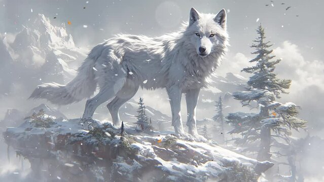 hyper realistic render of a majestic white wolf in the winter forest. seamless looping overlay 4k virtual video animation background