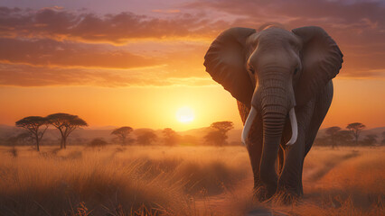 Majestic Elephant Strolling at Sunset in Savannah - obrazy, fototapety, plakaty