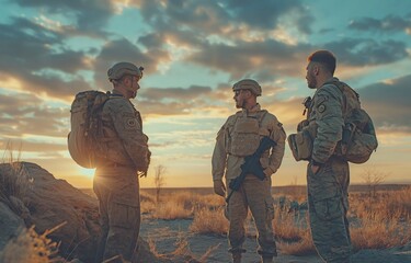 Naklejka premium In the middle of an Arab desert, a group of uniformed military soldiers are having a conversation while fighting.