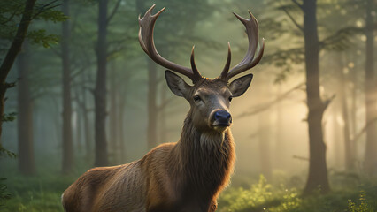 Majestic Stag in a Misty Forest at Sunrise