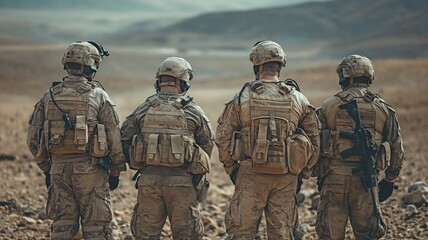 In the middle of an Arab desert, a group of uniformed military soldiers are having a conversation while fighting. - obrazy, fototapety, plakaty