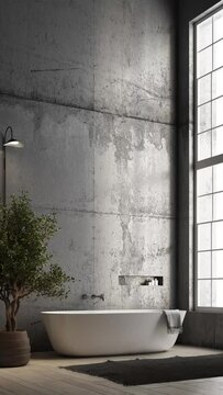 3d Render of modern Concrete wall bathroom with white bathtub. Wood floor and big window with natural light on the right. Little tree and wall lamp. Vertical animaton video.