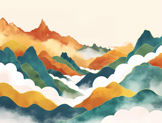 mountains, clouds, illustration, background