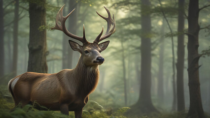 Majestic Stag in Misty Forest Morning Sunlight