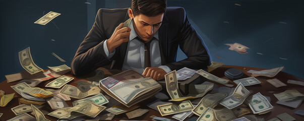 Success and fortune theme. Man couting money or paper dollar at his office.