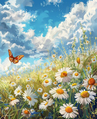 Butterfly in beautiful blooming  daisy wild flower field meadow