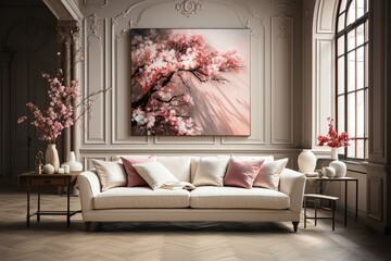 stylist and royal Elegant interior, living room with beige velvet sofa, space for text, photographic