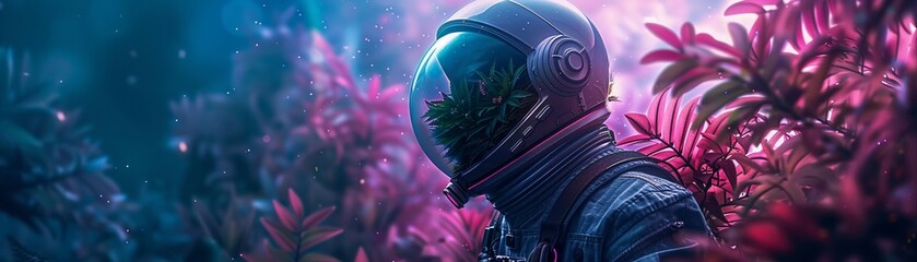Cosmic botanist, extraterrestrial plant suit, alien flora illustration, strange and exotic alien greenhouse , sci-fi tone, technology