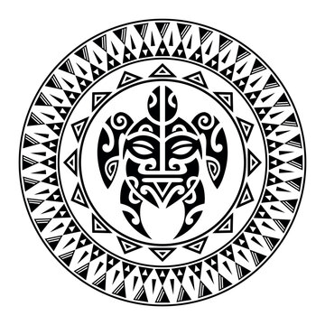 Round tattoo ornament with turtle maori style. African, aztecs or mayan ethnic style. Black and white.