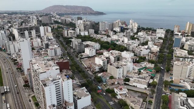 Drone aerial footage of Lima the capital city of Peru in south america Mireflores barranca
