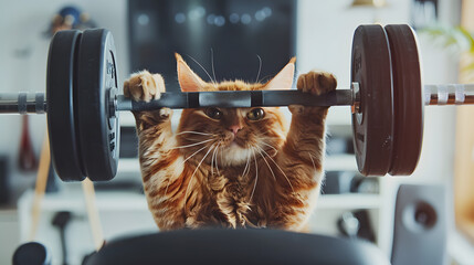 A photo of an orange cat lifting weights in the gym - obrazy, fototapety, plakaty