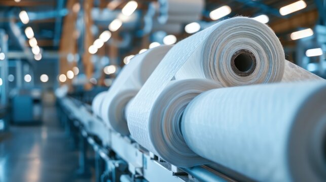 Image of cotton rolls in a fabric factory, clothing, and textiles on machinery.