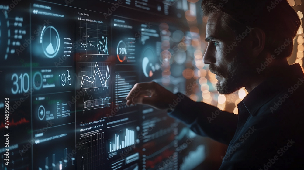 Poster a man is looking at a computer screen with many graphs and numbers. he is focused on the screen and 