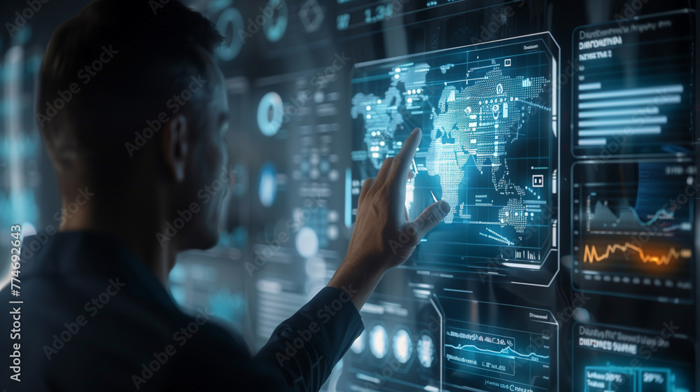 Poster a man is touching a screen with a globe on it. the globe is surrounded by a lot of numbers and lines