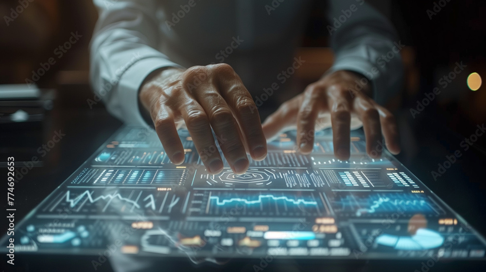 Aufkleber a man is using a computer to type on a screen with a lot of numbers and graphs. concept of focus and