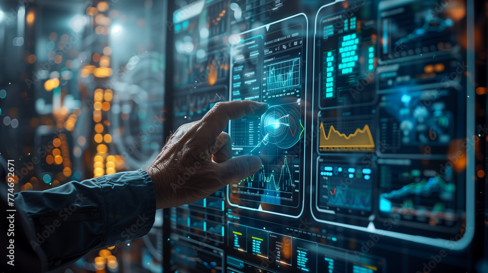 Poster a man is pointing at a screen with a blue circle on it. the screen is filled with various graphs and