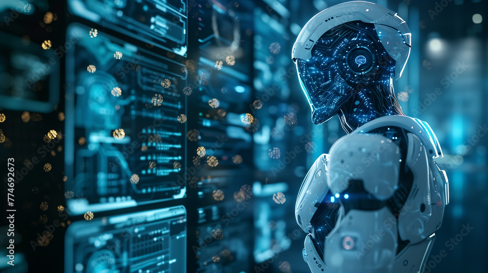 Poster a robot is standing in front of a computer monitor with a blue background. the robot is wearing a wh