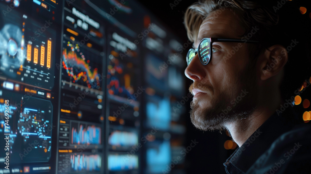 Poster a man is looking at a computer screen with many graphs and numbers. he is wearing glasses and he is 