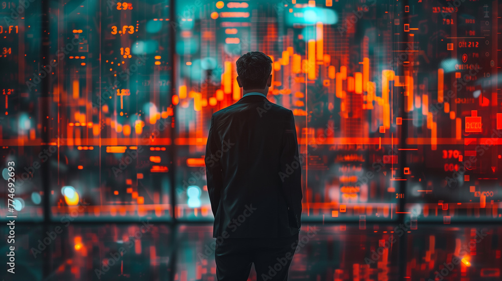 Poster a man in a suit stands in front of a large screen with a red background. the man is looking at the s