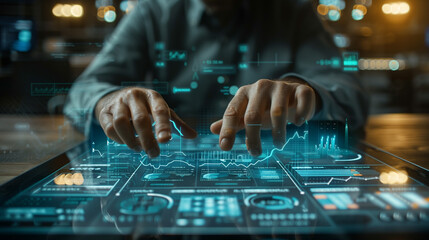 A man is using a tablet to manipulate a graph. Concept of control and precision, as the man's fingers deftly move across the screen. The blue and green colors of the graph