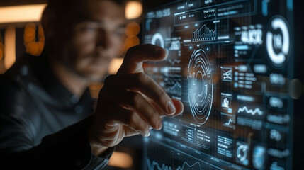 A man is pointing at a computer screen with a lot of numbers and graphs. Concept of technology and data analysis, with the man's hand representing the user's interaction with the computer - obrazy, fototapety, plakaty