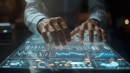 A man is using a computer to type on a screen with a lot of numbers and graphs. Concept of focus and concentration as the man works on the computer. The blue and white colors of the screen