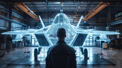 A man stands in front of a large, blue, 3D model of a fighter jet. Concept of awe and admiration for the impressive technology and engineering behind the aircraft