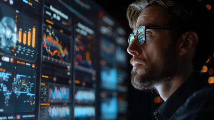 A man is looking at a computer screen with many graphs and numbers. He is wearing glasses and he is focused on the data. Concept of concentration and analytical thinking