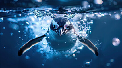 penguin swimming in water World penguin day April 25, Penguin Awareness Day Good for banner, poster, greeting card, party card, invitation, template, advertising, campaign, and social media. - obrazy, fototapety, plakaty