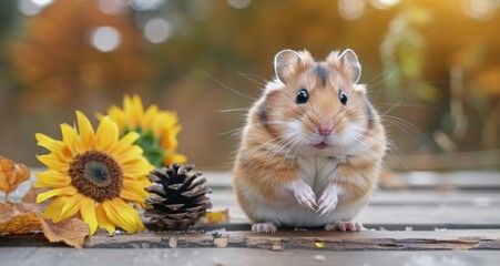 Cute Hamster with a Pine Cone and Sunflower Generative AI