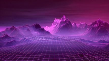 A purple wireframe mesh with mountains in the background