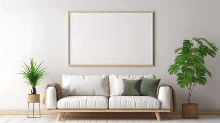 Empty picture frame hanging on walls, minimalist space, Nordic style, 3D rendering large bright light beige living room minimalism, double seat sofa small tea table. For Design, Background, Cover, PPT
