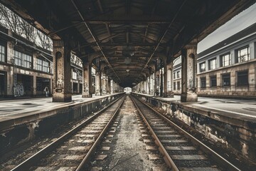 Fototapeta na wymiar Dilapidated train station, sepiatoned vintage, melancholic and timeless, standing still in a bustling modern city , Travel Photography