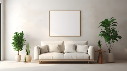 Empty picture frame hanging on walls, minimalist space, Nordic style, 3D rendering large bright light beige living room minimalism, double seat sofa small tea table. For Design, Background, Cover, PPT