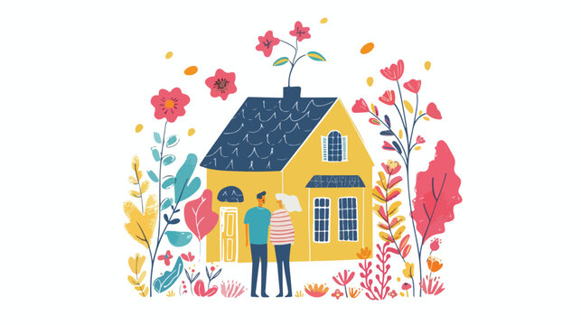 Line illustration Stay home. Cute house 
