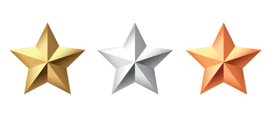 Golden, bronze, silver glossy metallic stars 3d realistic style. Leadership, game award, customer feedback symbol vector illustration isolated on white background