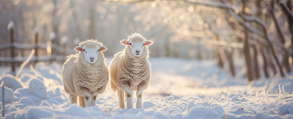 Poster woolly winter walkers two sheep in snowy fields generative ai